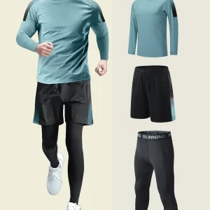 3 conjuntos deportivos para hombre, conjunto de top de manga larga y pantalones cortos y pantalones de poliéster