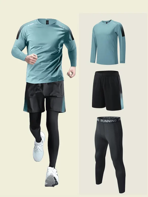 3 conjuntos deportivos para hombre, conjunto de top de manga larga y pantalones cortos y pantalones de poliéster